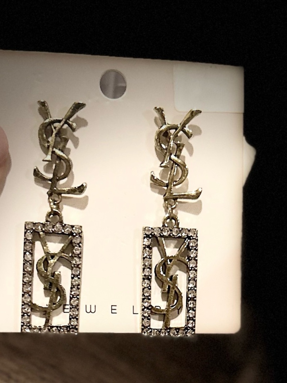 Fashion Jewelry Gold-tone Logo Drop Earrings with Clear Crystals - Picture 4 of 9